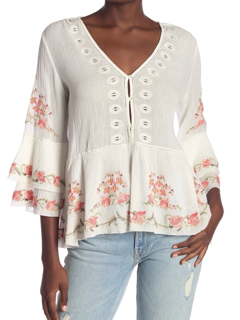 Joie Kamile Embroidered Blouse Porcelain Floral Bell Sleeve Boho Top